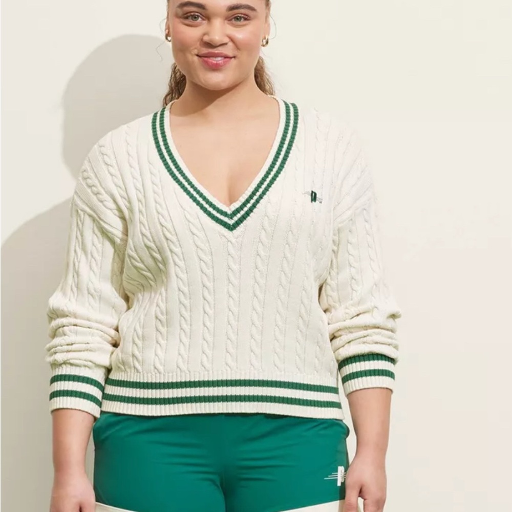 Prince Women's V-Neck Cable Knit Sweater - Cream and Green